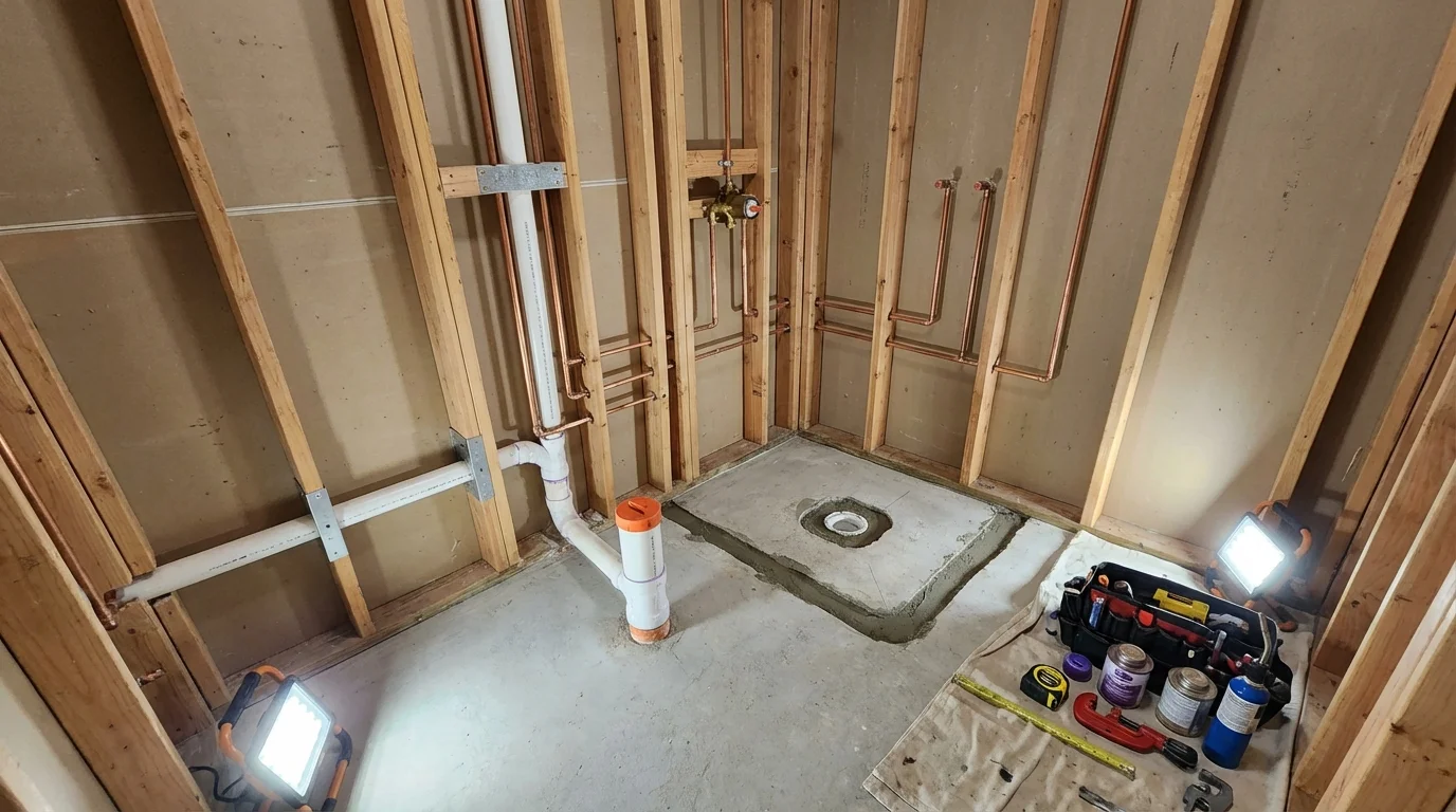 Bathroom rough-in plumbing during remodel by Johns Plumbing LLC in Parshall