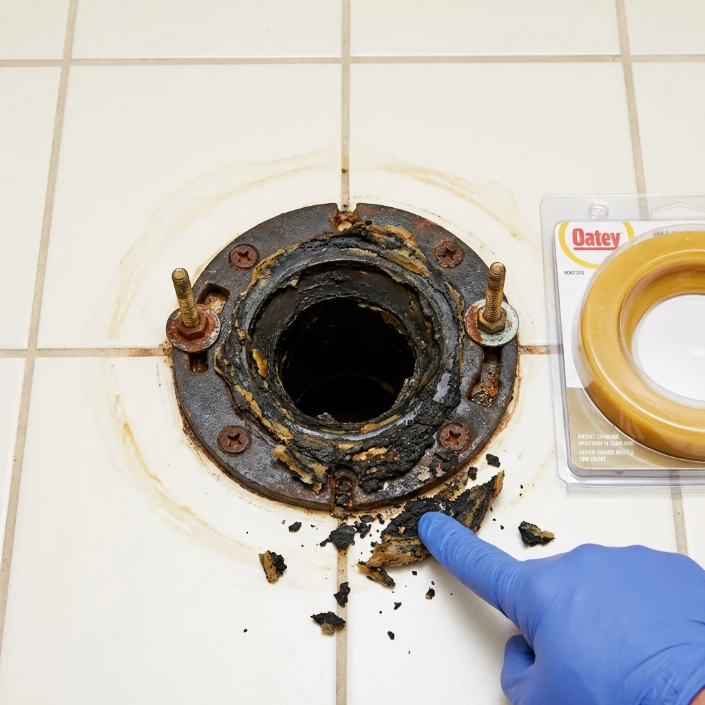 Failed wax ring showing water seepage at the base of a toilet in a Parshall, ND home