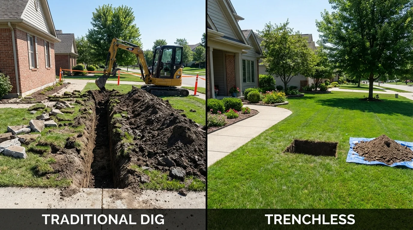 Trenchless sewer repair with minimal yard damage versus traditional excavation in Parshall, ND