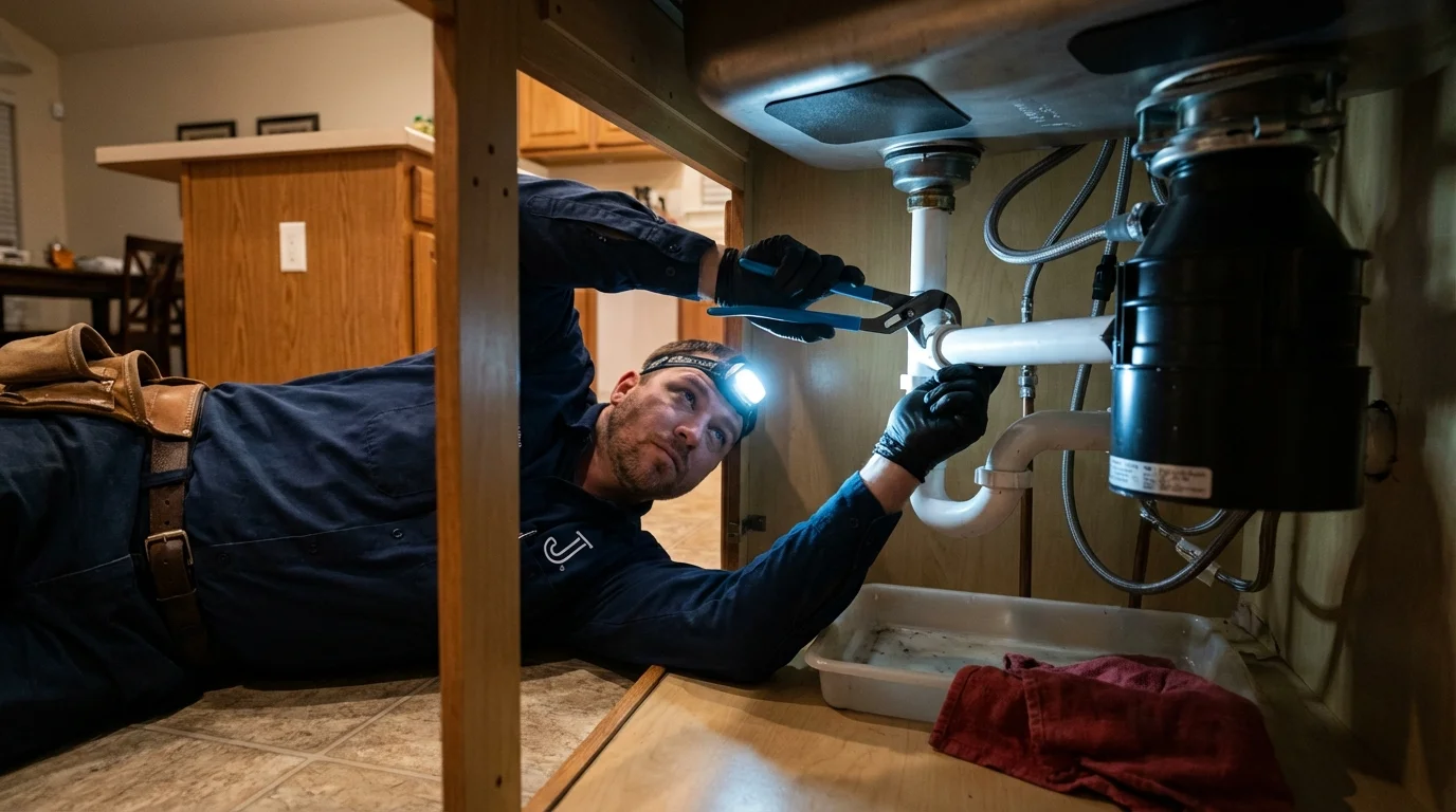 P-trap and supply line connections under a kitchen sink showing a common leak point in Parshall, ND